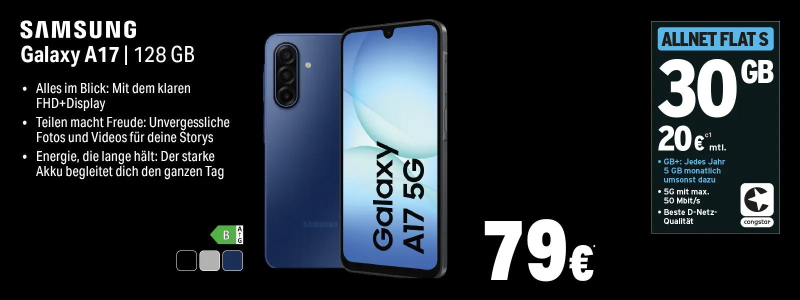 Samsung Galaxy A17 5G 128 GB Angebot mit 30 GB Allnet Flat S Tarif